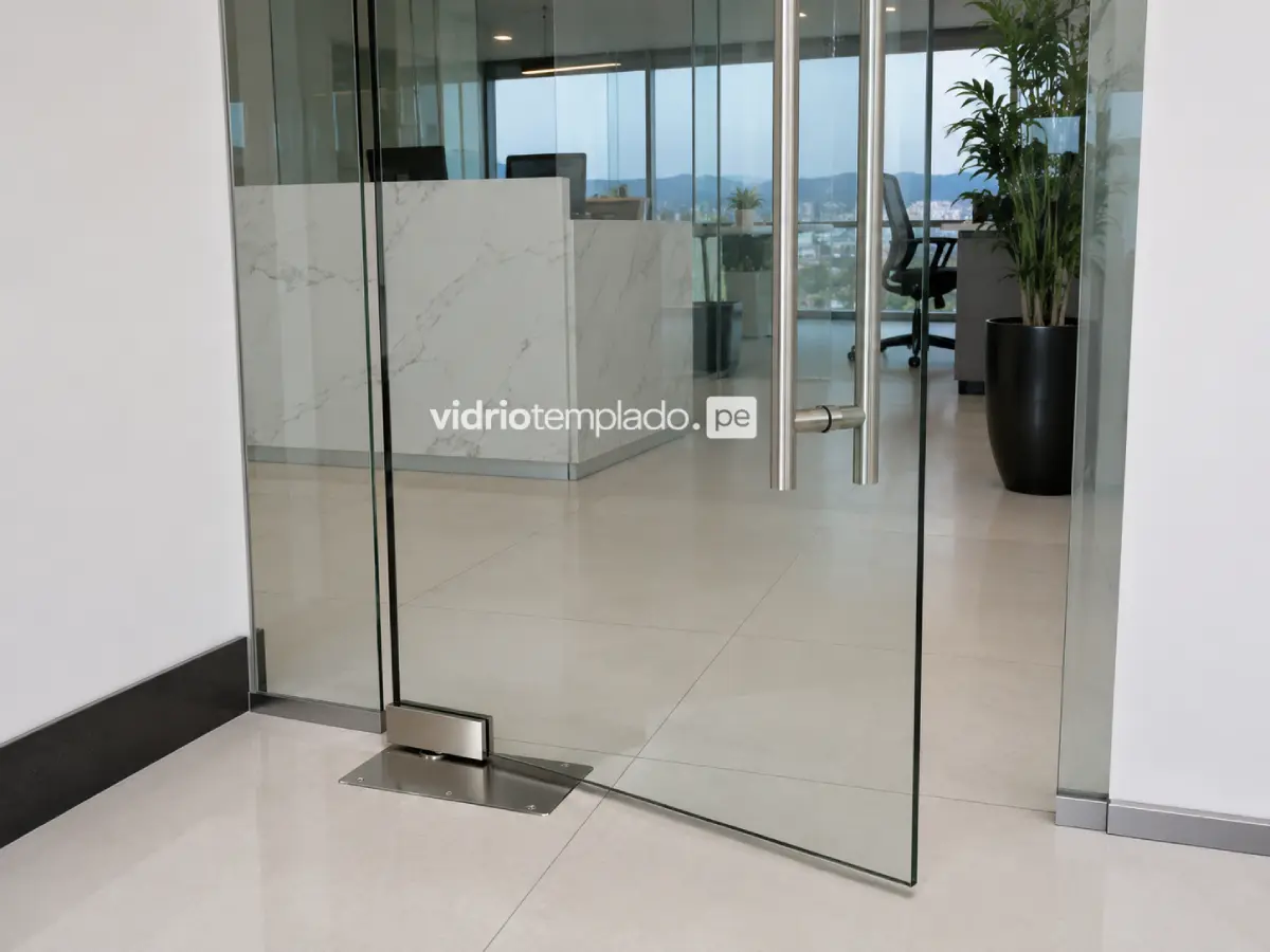 Detalle de bisagra hidráulica en puerta de vidrio templado 10mm Lima